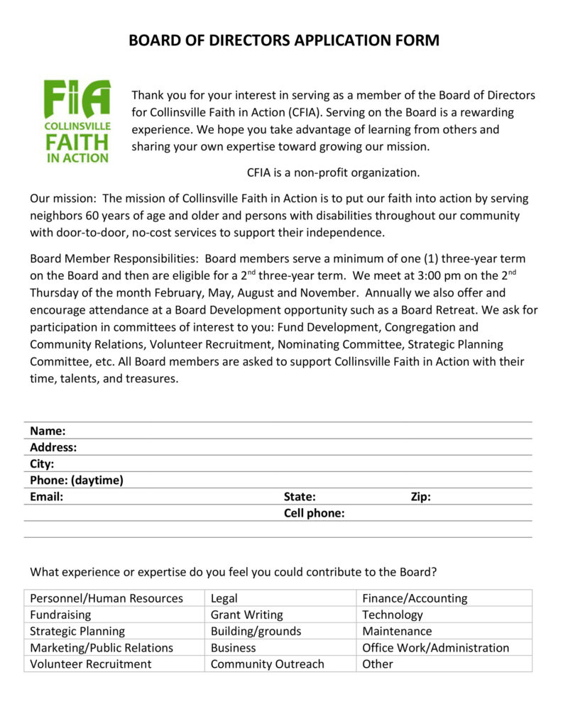 BOARD OF DIRECTORS APPLICATION FORM 20211 Faith in Action